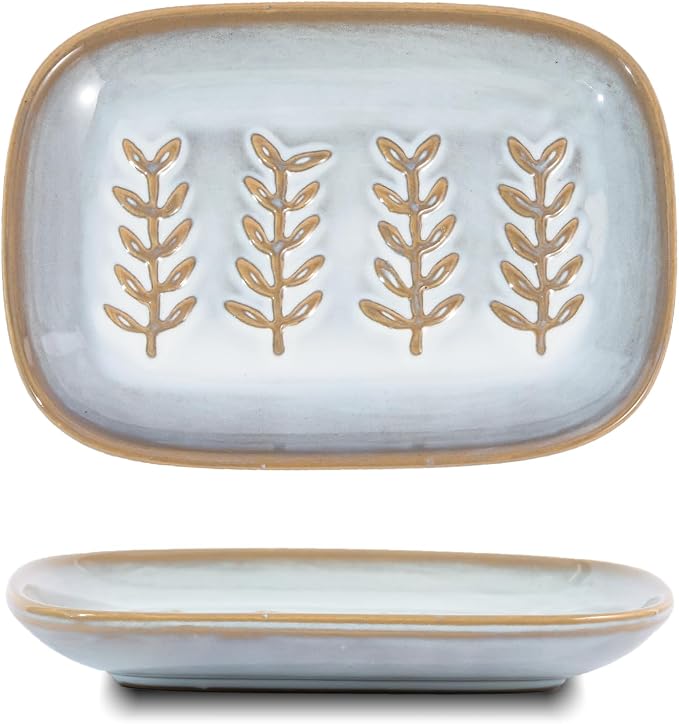 HighHerz Aesthetic Ceramic Soap Dish for Shower, Soap Holder with Raised Relief, Shower Soap Dish for Shampoo Bar Or Sponge, Soap Saver for Bathroom, Kitchen, Sink, Decorative Soap Tray(Grey&White)