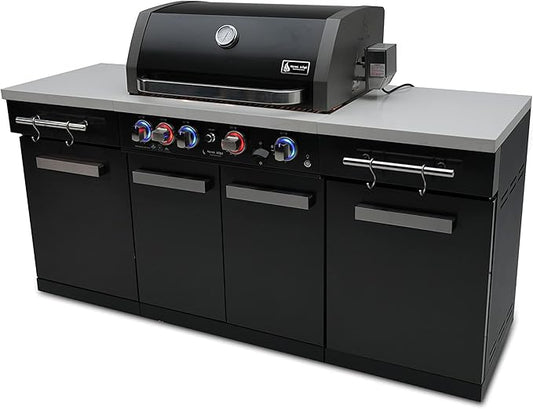 Mont Alpi MA-957 5-Burner 63000 BTU Black Stainless Steel Outdoor Kitchen Bar Gas Island Grill with Infrared Rear Burner + Rotisserie Kit + Granite Countertop + Storage Cabinets & Full Weather Cover