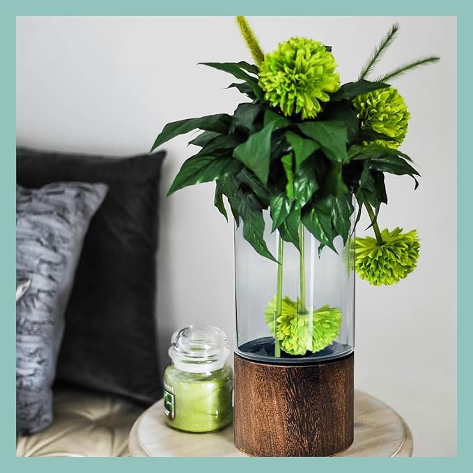 Bohemian Art Black Wooden Glass Vase 10 Inch Tall Glass Flower Vase Cylindrical Wooden Base Vases Plant Vases Minimalist Birthday Party Decoration Wedding Kitchen Office Decoration