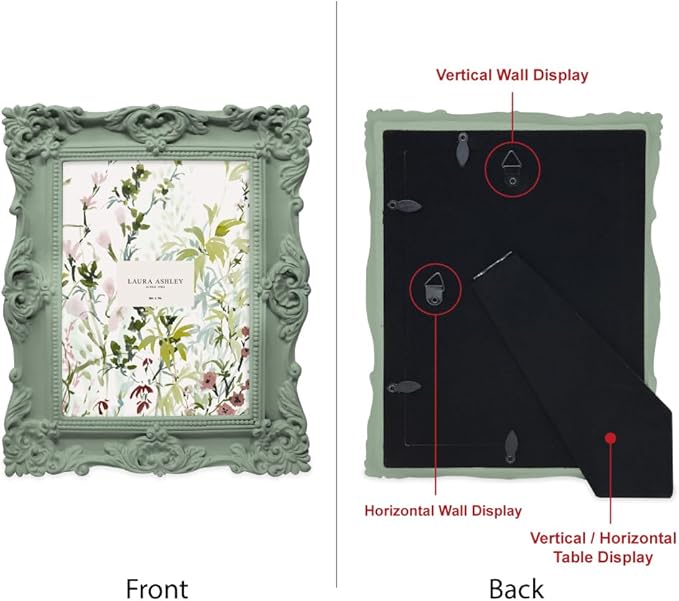 Laura Ashley 5x7 Matt Rosemary Ornate Textured Hand-Crafted Resin Picture Frame with Easel, for Tabletop & Wall Display, Decorative Floral Design Home Décor, Photo Gallery, Art (5x7, Matt Rosemary)
