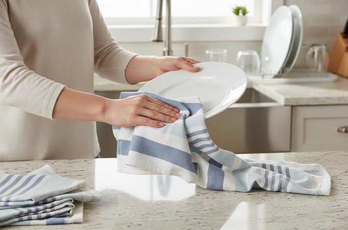 Serafina Home Blue White Kitchen Hand Dish Towels: Oversized 28" x 16",100% Cotton Cloth Soft Cleaning Drying Absorbent Striped Design, Set of 3 Multipurpose for Everyday Use (Blue Monica)