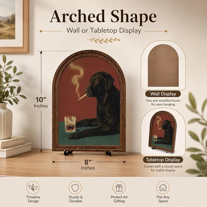 Vintage Animal Portrait Tabletop Decor Sign,Smoking Dog Poster, Black Dog Artwork in Arched Wooden Frame with Stand for Living Room Bedroom Desk Shelf Display, Moody Home Decor