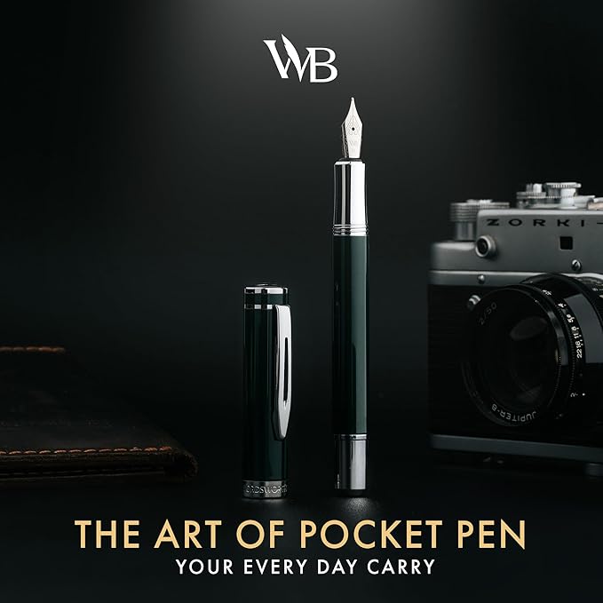 Wordsworth and Black Fountain Pen Mini EDC: Luxury Green Heavy Pocket Pen, Chrome Finish, Medium Nib, 6 Ink Cartridges, Ink Converter, Travel Refillable Writing Pen Gift Set, Men & Women