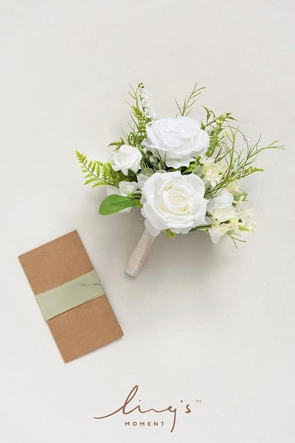 Ling's moment Lily of The Valley White Bridesmaid Bouquet, White Wedding Bouquets for Bridesmaids, 7 Inch Bridal Bouquets for Bridesmaids, Wedding, Ceremony, Anniversary, etc.
