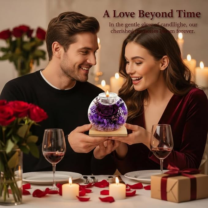 Eternal Preserved Real Rose, Glass Dome Gift Set with 18 Scented Candles (9 Rose,9 Vanilla), Mother's Day Valentine Christmas Birthday Gift for Women Mom Girlfriend Wife Home Decor (Dark Purple)