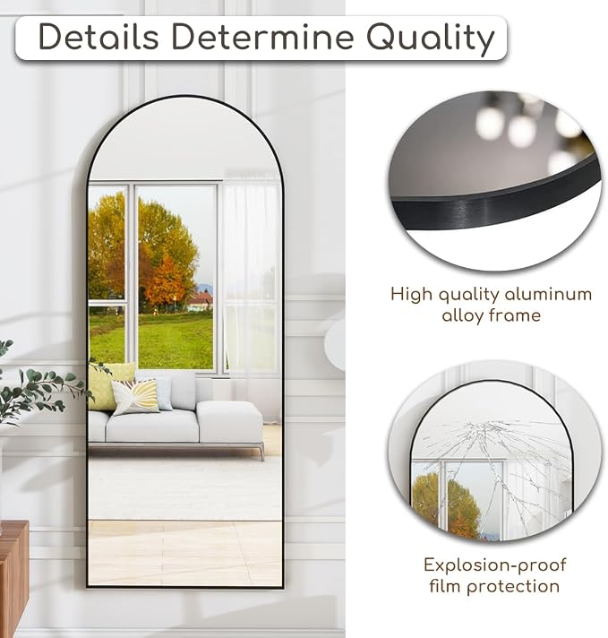 Dewfig Arched Full Length Mirror, 64"x20" Gold Mirror with Stand, Full Body Mirrors for Leaning Against or Wall Mounted, Large Floor Mirrors for Bedroom, Living Room, Black