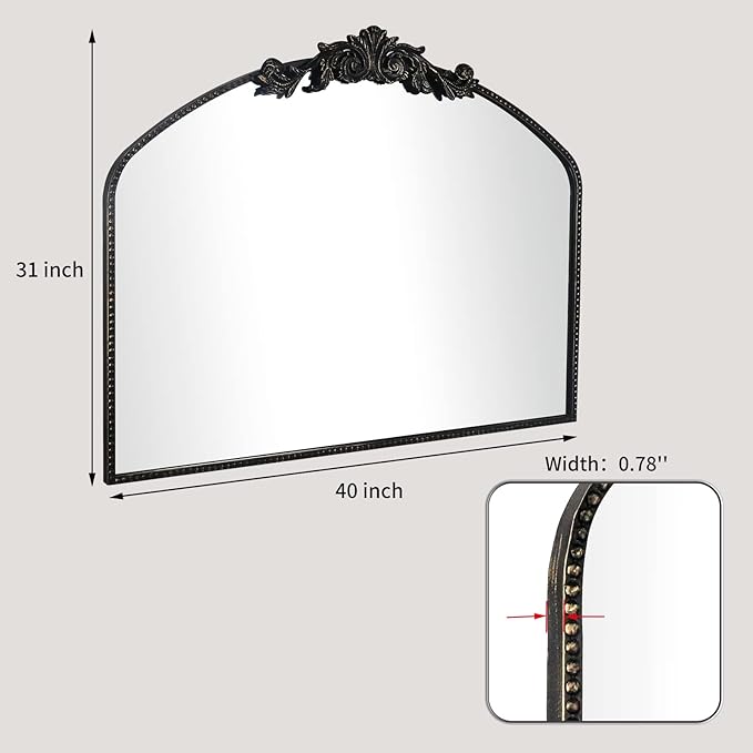 Black Arched Mirror 40"X31", Vintage Antique Baroque Mantel Mirror with Black Brush Gold Metal Frame, Ornate Wall Decor for Entryway/Fireplace/Living Room/Hallway/Bathroom/Bedroom
