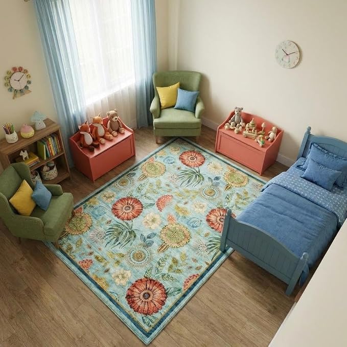 5x7 Washable Area Rug Non Slip Living Room Rugs Modern Floral Small Rug Non Shedding Soft Bedroom Floor Carpet Low Pile Thin Boho Botanical Floral Accent Carpet for Nursery Kitchen Office, Blue