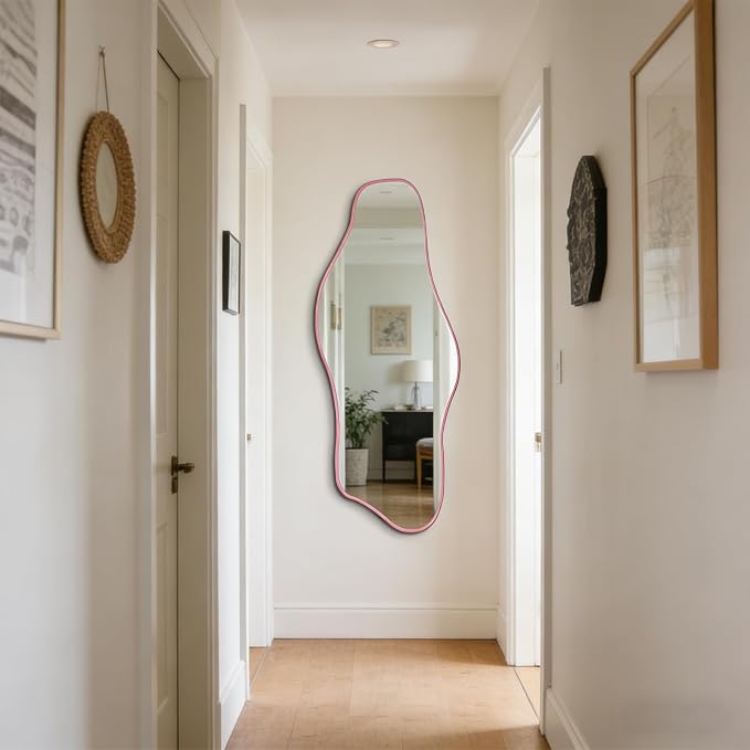 Large Irregular Mirror, 60"x24" Pink Asymmetrical Tempered Glass Mirror, Modern Organic Shape Frameless Mirrors for Entryway Hallway Bedroom Living Room, Horizontal or Vertical Hanging