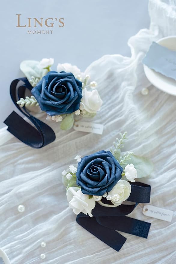 Ling's moment 2pcs Prom Wrist Corsage Artificial Flowers, Girl/Mother Corsages Wristlet Décor for Homecoming/Wedding/Anniversary, etc. Navy Blue