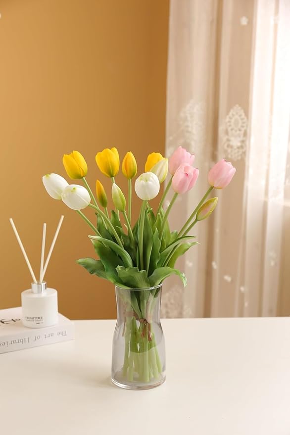 Sousi Real Touch Tulips Artificial Flowers Latex Faux Tulip Realistic Fake Tulips Flowers for Wedding Home Decorations (10, White)