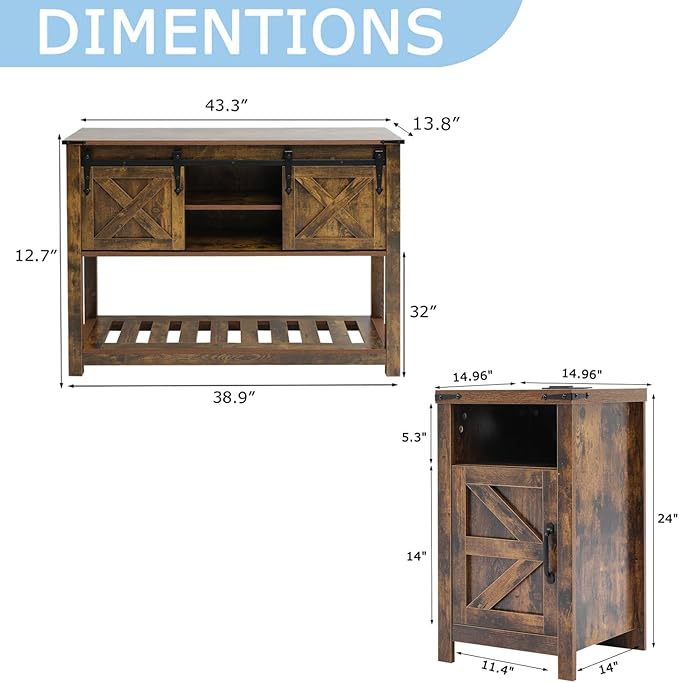 Farmhouse Living Room Table Set of 3, 2 Rustic End Table with Charging Station and 1 Sofa Table with Large Hidden Storage, Farmhouse Sofa Table Set for Living Room, Office, Brown