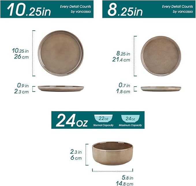 vancasso PLAYA Plates and Bowls Sets, 18 Pieces Dark Brown Dinnerware Sets for Kitchen, Reactive Glaze Dishes Set for 6, Dishwasher and Microwave Safe