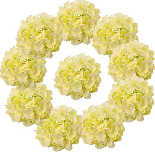10PCS Silk Hydrangea Heads with Stems Artificial Flowers for Wedding Party Home Decor-Yellow