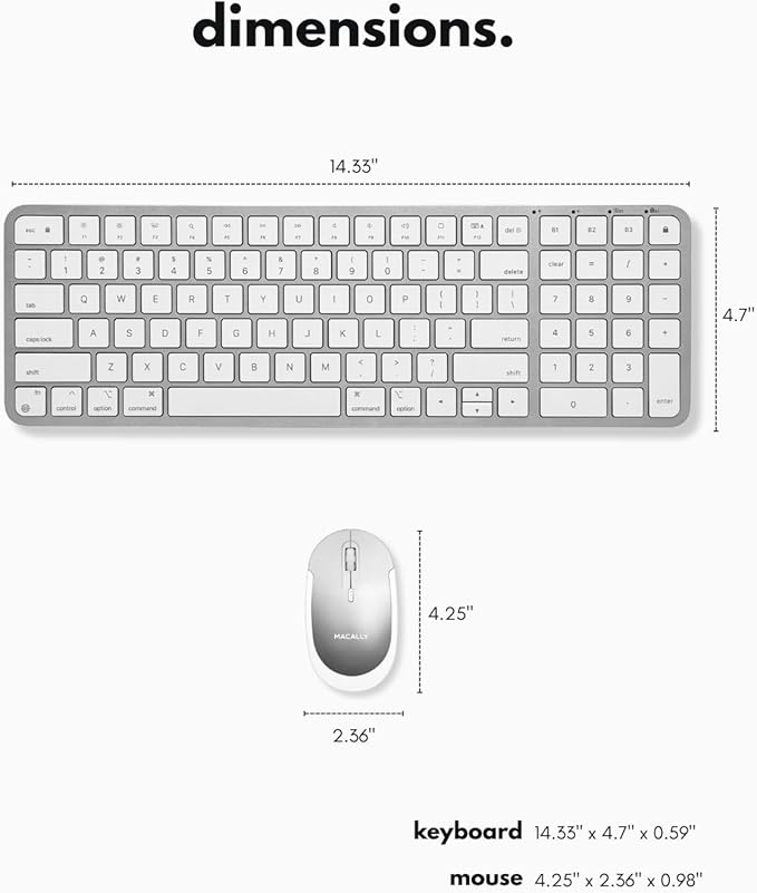 Macally Bluetooth Mac Keyboard and Mouse - Compact (2 Zone) Wireless Apple Keyboard and Mouse Combo with Number Pad - Multi Device, Rechargeable - for Mac, MacBook Pro/Air, iPad, iPhone - Silver