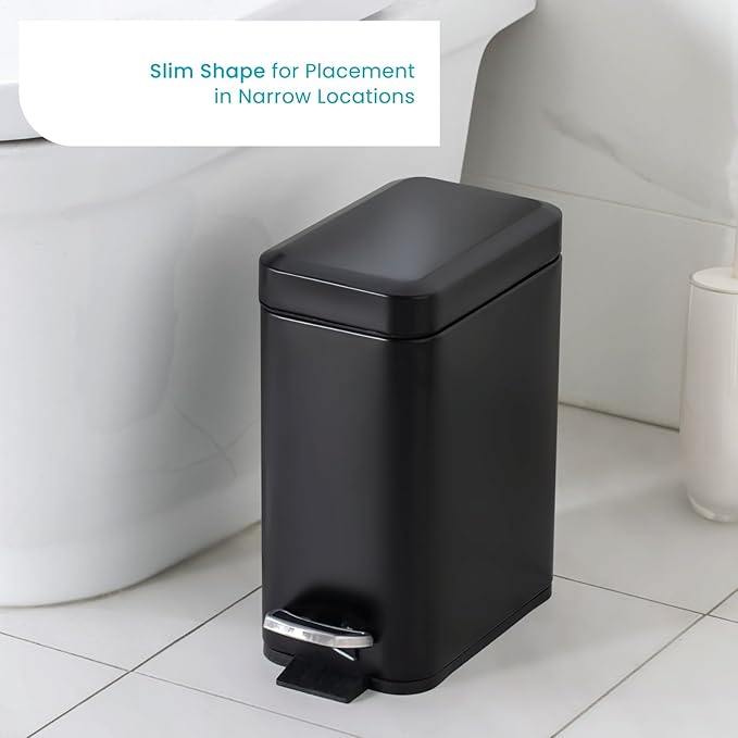 Home Zone Living 3-Pack 1.3 Gallon Small Black Bathroom Trash Can with Lid and Step Pedal, Stainless Steel Wastebasket with Slim Design for Home and Office, 5 Liters