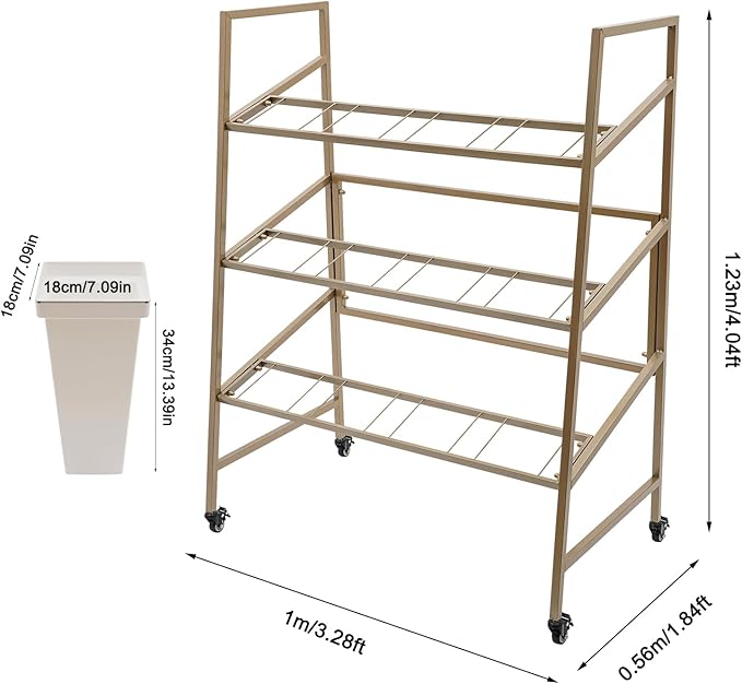 3-Layers Flower Display Stand Metal Plant Holder with 12PCS Buckets Moving Plant Cart Shelf Flower Shelf for Florist Garden Patio,3.28 * 1.84 * 4.04ft (Gold Frame With White Buckets)