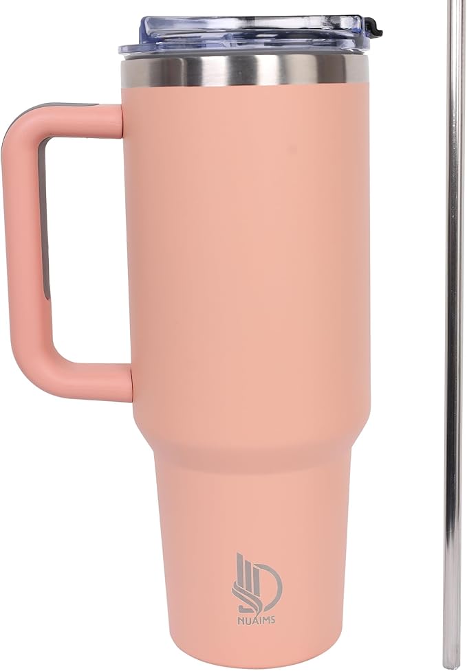 40oz Insulated Tumbler with Handle, Leakproof Straw Lid & Carry Handle - Double Wall Vacuum Insulation Keeps Ice 24 Hours, BPA Free Stainless Steel Water Bottle (Melon)