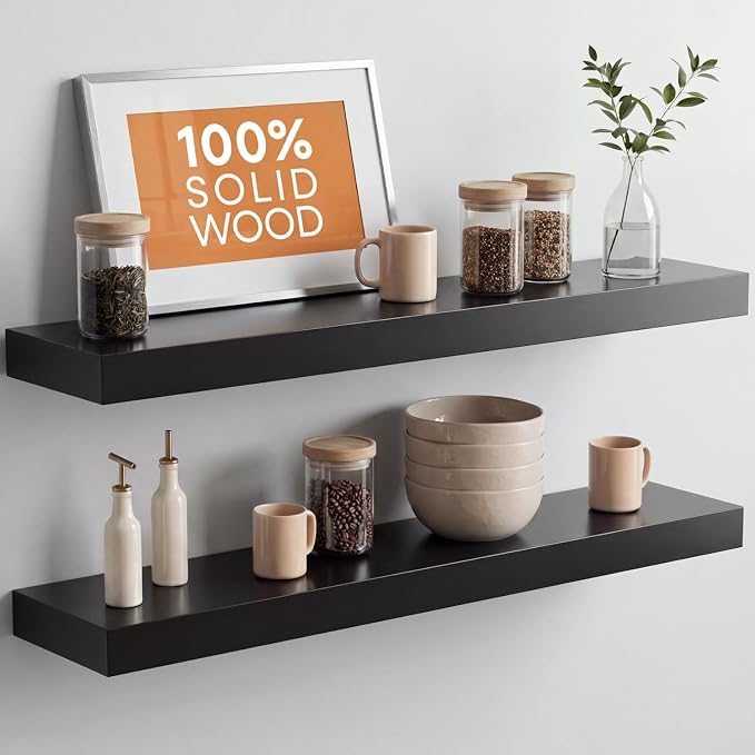 Homeforia Black Floating Shelves 30 inches Long, High End Solid Real Wood 30 inch Floating Shelf for Wall Mounted, Black Wooden 30in Floating Shelves, Heavy Duty Bracket, 30 X 6.5 X 1.75 in, Set of 3