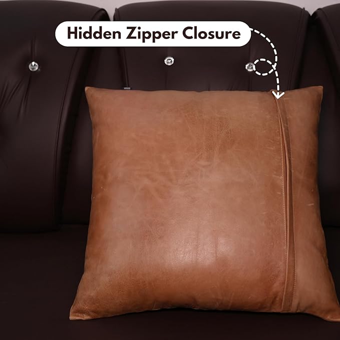 D DOLLY LAMB Lambskin Leather Pillow Cover - Sofa Cushion Case - Decorative Throw Covers for Living Room & Bedroom, 20x20 Inches - Antique Brown Plain