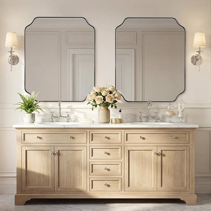 ANDY STAR 30x36 Inch Chrome Bathroom Mirror, Polished Nickel Vanity Mirror, Scalloped Mirror in Anti-Rust Stainless Steel Metal Thin Frame, Unique Rounded Notched Corners, Vertically/Horizontally