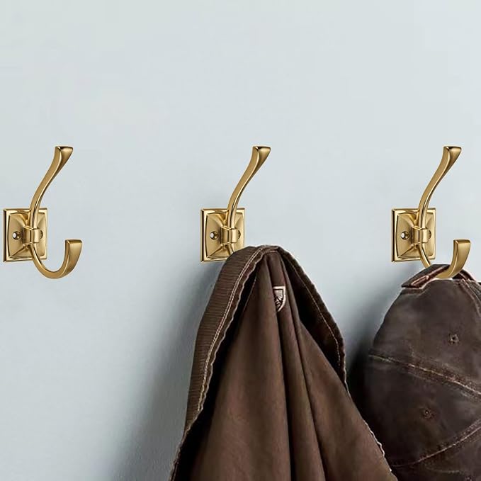 3 Pack Decorative Heavy Duty Towel Hooks for Hanging Robe Double Brushed Brass Coat Hooks Wall Mounted with Screws for Key, Towel, Bags, Cup, Hat