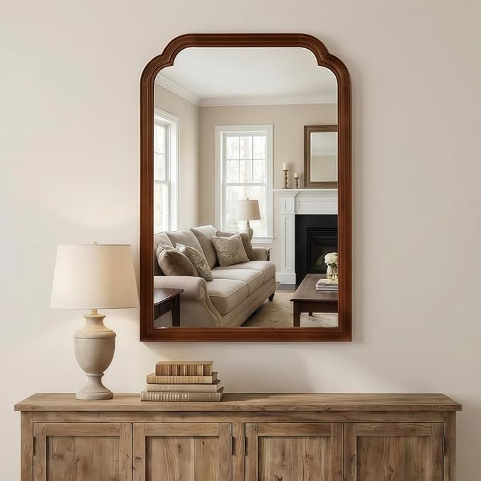 Elountik 20x30 Inch Black Walnut Solid Wood Frame Round Corner Decorative Mirror for Bedroom, Bathroom, Living Room, Entryway Home Decor