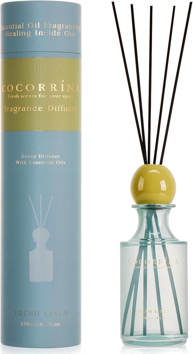 COCORRÍNA Fresh Linen Reed Diffuser 8.5 oz, Home Fragrance Oil Diffuser with 6 Reed Sticks, Long-Lasting Scent for Bathroom, Bedroom & Home Décor