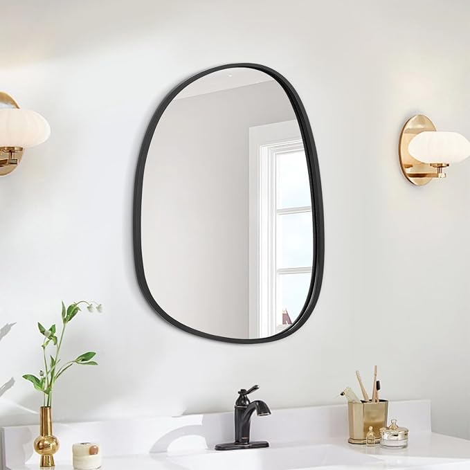Asymmetrical Wood Wall Mirror - Irregular Oval Hanging Frame for Wall, Vanity, Bathroom, Living Room, Bedroom, Entryway, Hallway - Modern, Unique, Decorative, Artistic - Black