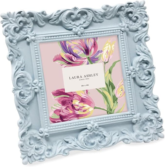 Laura Ashley 4x4 Ornate Textured Hand-Crafted Resin Picture Frame with Easel & Hook for Tabletop & Wall Display, Decorative Floral Design Home Décor, Photo Gallery, Art, More (4x4 Powder Blue)