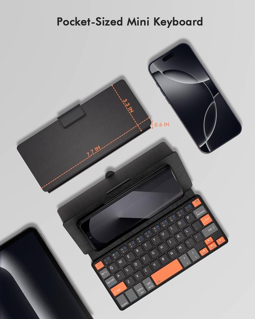 Doohoeek Universal Bluetooth Mini Keyboard - Wireless Compact Design with Orange Keys | Any-Angle Stand for Android/iOS/Windows