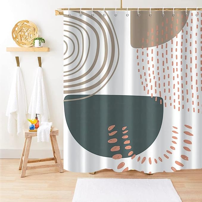 Boho Shower Curtain, Mid Century Modern Abstract Minimalist Beige Neutral Machine Washable Waterproof for Bathroom Bathtub with 12 Hooks 72x72