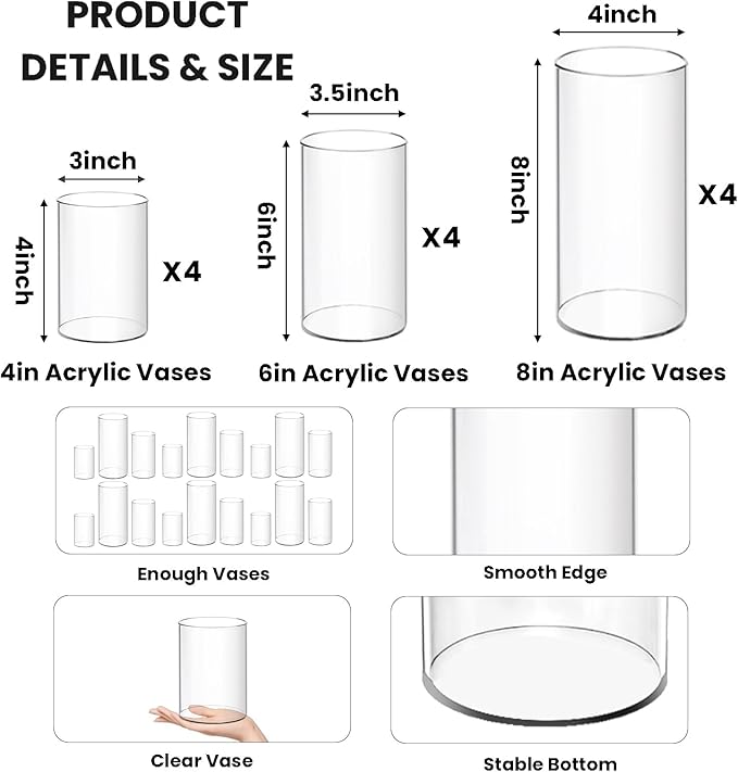 12 Pcs Acrylic Cylinder Vases 4,6,8 Inch Tall Clear Acrylic Flower Vases Bulk Floating Candle Holders Cylinder Plastic Vases for Centerpiece Table Wedding Home