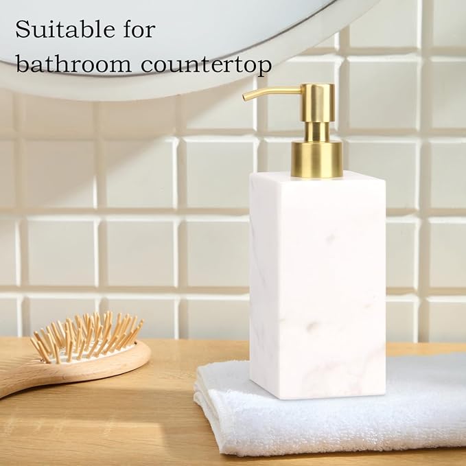Natural Marble Soap Dispenser for Bathroom and Kitchen Countertop - 5.41 Ounces Hand Lotion and Liquid Stone Shampoo Laundry Bottle with Pump (1, White, Rectangular Bottle)