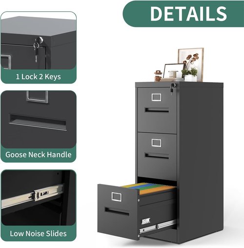 Regine Switzerland 3 Drawer Vertical File Cabinet - Metal Filing Cabinet with Lock for Legal/Letter Size Folders | Anti-Tipping Design, Black