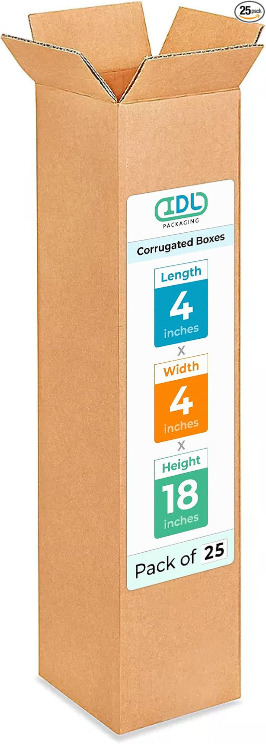 Tall Moving & Shipping Boxes 4"L x 4"W x 18"H (25-Pack) - Extra Strength 200 lb vs Regular - Corrugated Moving Boxes, Made in USA - Durable Cardboard Box for Shipping by IDL Packaging