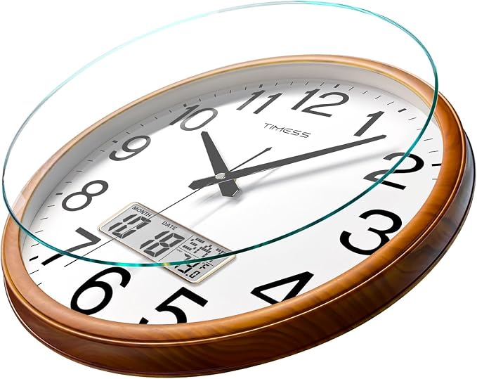 TIMESS Wall Clock, Classic Wood Style Finish, 11 Inch Non-Ticking Silent Battery Operated Quartz Analog with Perpetual Calendar and F° Temperature Display, Home, Office Décor (Wood Yellow)