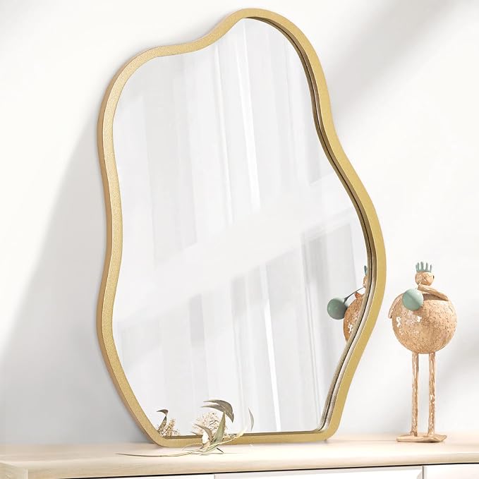 Gold Irregular Mirror for Wall Decor - Modern Asymmetrical Wooden Framed Wavy Mirror - Decorative for Living Room, Bedroom, Bathroom, Entryway - Gray
