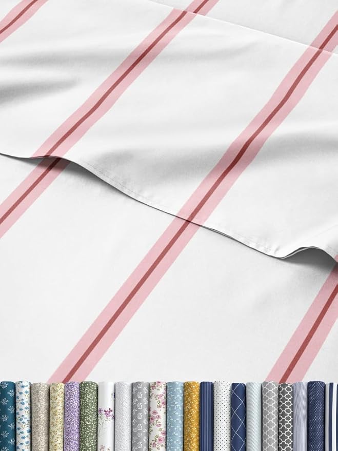 Striped Sheets - Red & White Striped Sheets - 1 Flat & 1 Fitted & 2 Pillowcases w/ Deep Pockets – Wrinkle & Fade Free - Ultra-Soft, Breathable & Cooling – Luxury Pinstripe Bedding - King Size Bed Set