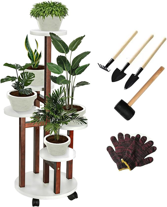 Plant Stand Indoor with Wheels - 5 Tiered Wood Corner Plant Stands For Living Room Balcony Garden Patio Outdoor- Espresso White