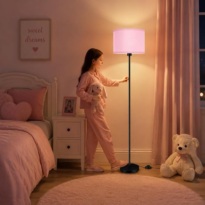 AUQUEE Pink Floor Lamp for Bedroom, Kids & Girls Room Decor, 59" Tall Small Standing Lamp with Lampshade, Foot Switch, Cute Corner Floor Lamp for Nursery, Living Room, E26 Base (No Bulb)