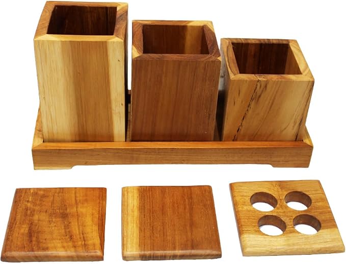 EcoDecors, Eleganto, 7 Piece, Teak Wood Bathroom Amenities Set, Teak Bath Amenity Set, Bathroom Accessory, in Natural Color
