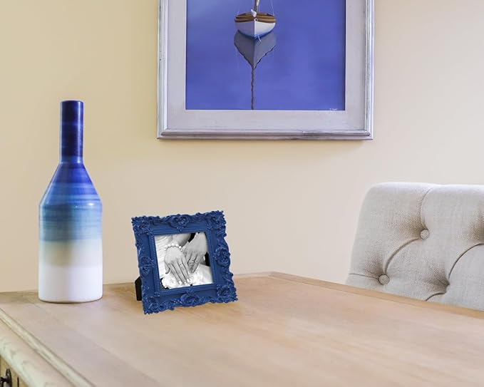 Laura Ashley Ornate Textured Hand-Crafted Resin Picture Frame with Easel & Hook for Tabletop & Wall Display, Decorative Floral Design Home Décor, Photo Gallery, Art, More (4x4, Navy)