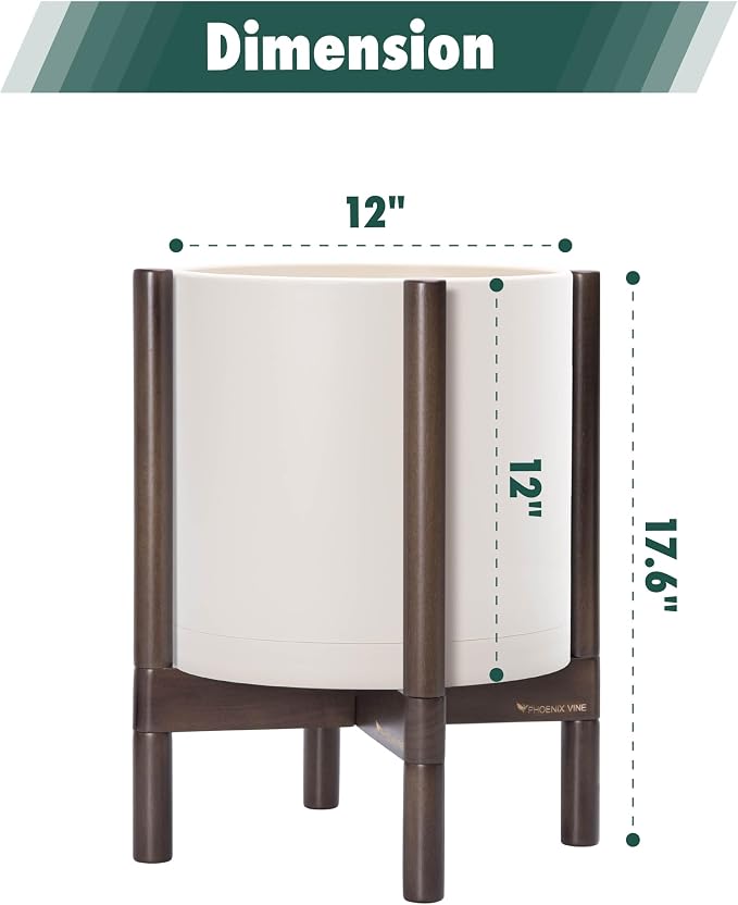 D'vine Dev Planter Pot with Stand - 12 Inch Plastic Cylinder Flower Pot with Wood Planter Holder for Indoor, Oatmeal Pot + Walnut Color Stand, 55-C-O-4