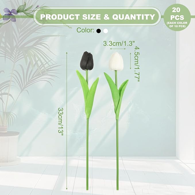 uxcell 20pcs Tulips Artificial Flowers, Faux Flowers Silk Fake Tulip Stems Real Touch for Wedding Bouquet Centerpiece Table Party Decoration(Black, Pure White)