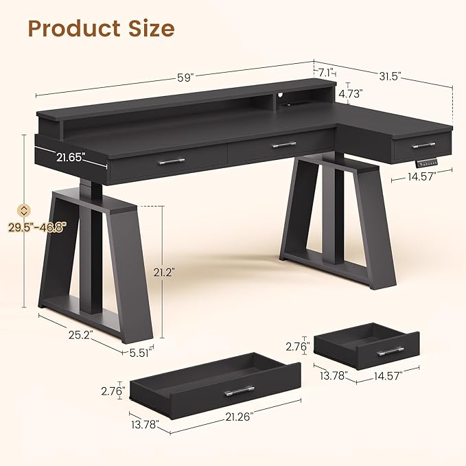 SEDETA 59 Inch L Shaped Electric Standing Desk with Drawers, Executive Adjustable Desk with Power Outlets, Monitor Stand, Sit Stand Computer Table for Home Office, Black