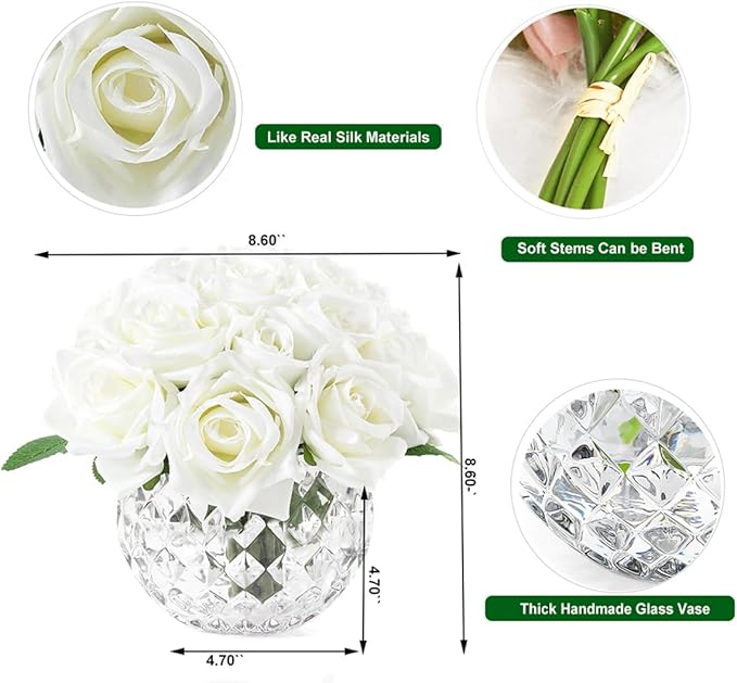 18PCS Artificial Rose Fake Flowers in Vase, Faux Floral Arrangement with Vase for Dining Table Bedroom Wedding Decor (Cream)