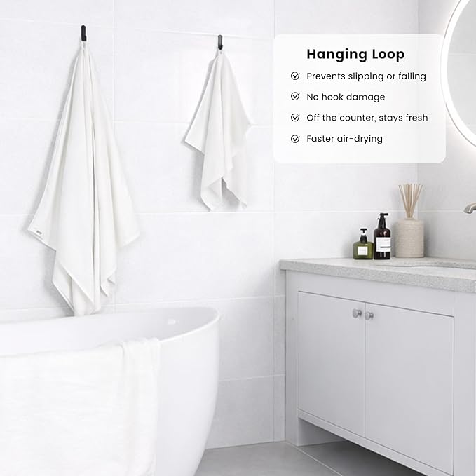 SEMAXE Bath Towel Set, 8 Piece Towel Set for Bathroom, Quick Dry Cotton Towels with Hanging Loops, Easy Care, White