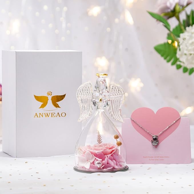 ANWEAO Christmas Flowers Gifts for Women,Mom, Preserved Real Rose with Angel Necklace,Romantic Gift for Her,Mom Birthday Gifts,Eternal Flowers Angel Gifts for Women Grandma Wife Girlfriend