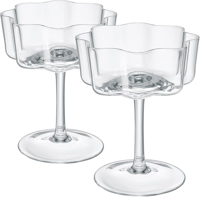 Khen Vintage Wavy Glass Coupes Martini, Champagne & Cocktail Coupes - Set of 2-7oz Colorful Cocktail Glasses & Champagne, Prosecco, Mimosa Glassware Copyright Design - Crystal Clear